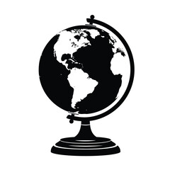 a detailed black and white illustration depicts a classic globe resting on a decorative stand symbolizing worldwide knowledge and exploration