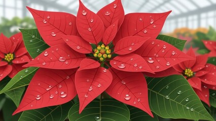 Vibrant Red Poinsettia Flower with Water Droplets in a Greenhouse Setting.