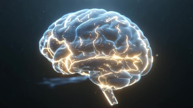 Glowing blue brain with yellow lightning on dark background