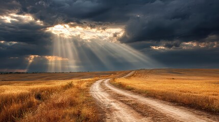 A winding dirt road through golden fields under dramatic sun rays breaking clouds symbolizes hope, spiritual renewal, and a journey toward light.
