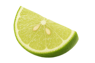 Fresh lime wedge with bright green pulp and visible seeds, offering sour taste and citrus flavor on transparent background