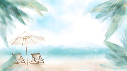 Serene tropical beach watercolor illustration evokes summer calm and airy modern design beauty