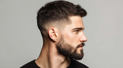 Obraz premium A handsome young man with a modern fade haircut and beard showcases professional grooming, style, and contemporary male elegance. 
