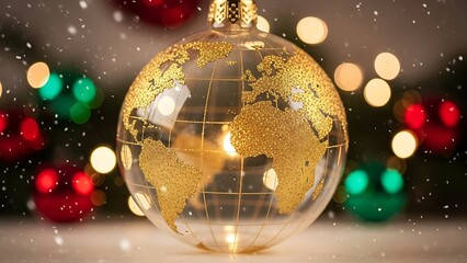 Global Ornament: A transparent glass ornament, meticulously adorned with a gold-etched world map, radiates festive cheer with subtle reflections and bokeh lights in the background.