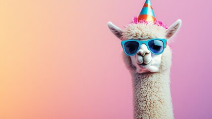 Fototapeta premium Alpaca wearing colorful party hat and sunglasses, posing playfully against a vibrant gradient background, embodying a festive and cheerful atmosphere for celebrations