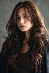 A woman with long brown hair is standing in front of a gray wall