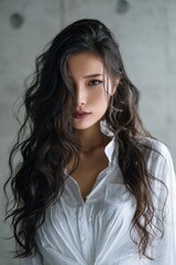 A woman with long black hair and a white shirt