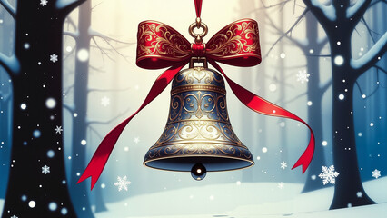 Christmas bell in festive illustration style in red, gold, and blue colors representing holiday cheer with copy space