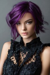 A woman with purple hair is wearing a black dress with a lace top