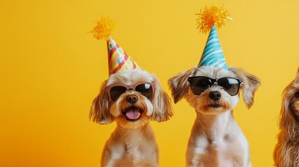 Three cheerful dogs wearing colorful party hats and sunglasses, celebrating a festive occasion against a vibrant yellow background, exuding joy and playfulness in a fun atmosphere
