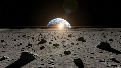 Earth's Horizon with Sunrise from the Moon's Surface Showing the Planet in Space