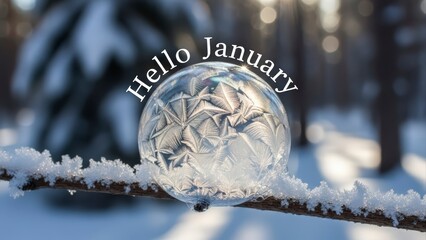 Frozen Bubble on Snowy Branch with Hello January Text.