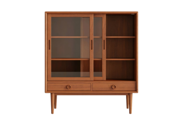 Mid-century modern wooden cabinet with sliding doors transparent background