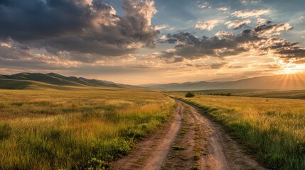 Fototapeta premium Dirt road stretching through a vast green grassy field under a golden sunset sky, sun rays over gentle hills and clouds creating a peaceful rural prairie isolated on transparent background. 