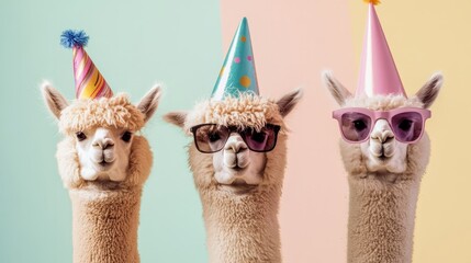 Obraz premium Three playful llamas wearing colorful party hats and sunglasses, celebrating a festive occasion against a pastel background, embodying joy and fun in a vibrant atmosphere