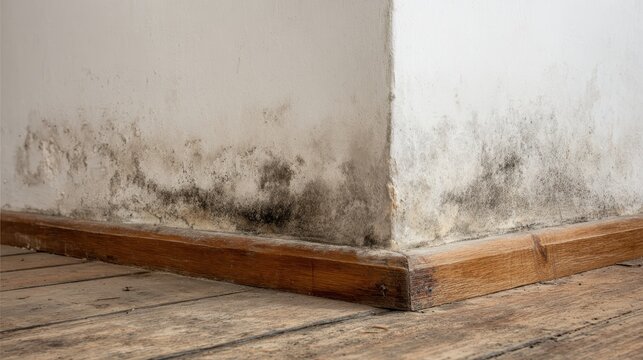 A dirty room corner with mold growing on a white wall and wooden floor highlights neglect, moisture damage, and unhealthy living conditions.
