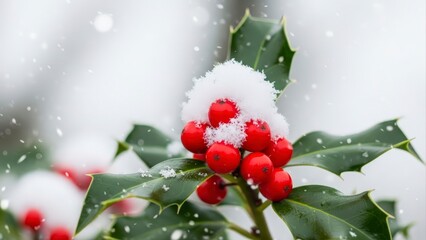 Vibrant Red Holly Berries Covered in Fresh Snow on a Winter Day.