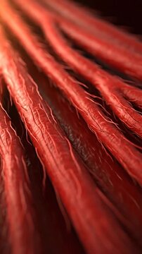 Detailed close-up of red, fibrous organic tissue or muscle strands with capillaries