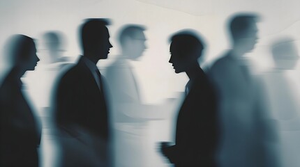 silhouettes of people walking, abstract art silhouette, minimalist design, mysterious figures. motion blur, monochrome conceptual photography, shadow play, artistic expression, surreal atmosphere