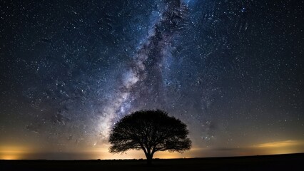 Stunning Night Sky Over a Single Tree with the Milky Way Visible in a Clear Starry Night
