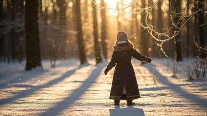 Woman in Winter Forest at Sunset.