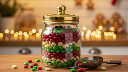 Festive Jar Filled with Colorful Christmas Candies on a Wooden Table.
