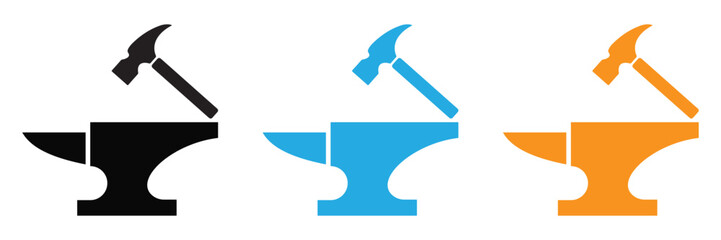 Classic blacksmith anvil silhouette isolated on white background. Vector illustration of heavy metal forging tool,
 hammer and anvil stencil icon for industrial branding and craft workshop.