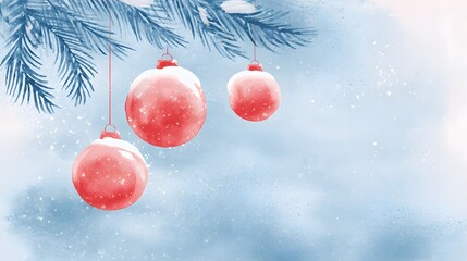 Cozy watercolor Christmas baubles on snow dusted branches evoke a peaceful winter holiday scene