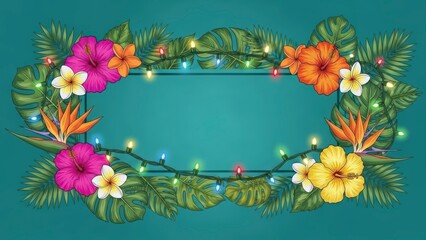 Tropical Floral Frame with Fairy Lights and Exotic Flowers.