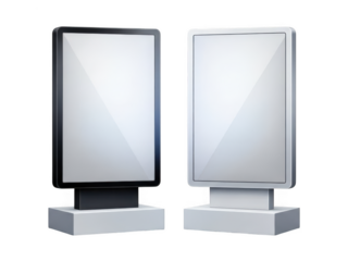 Two digital signage displays on stands isolated on transparent background