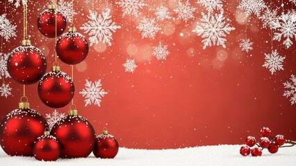 Festive Christmas Decorations with Red Ornaments and Snowflakes on a Warm Red Background
