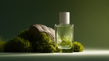 Green perfume bottle with moss and rock. Natural beauty product for skincare and aromatherapy. Organic scent for wellness.