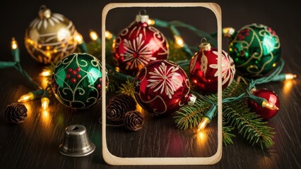 Festive Christmas Ornaments with Holly and Pinecones on Dark Wooden Background