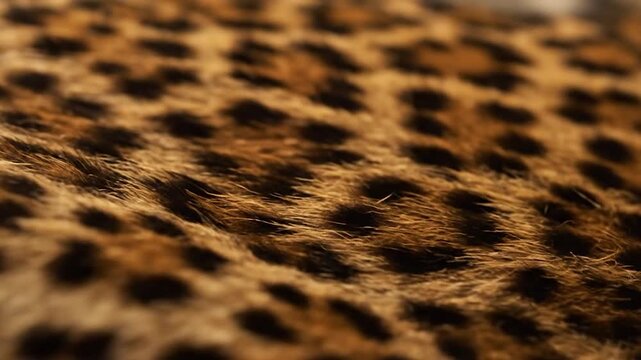 Close-up, textured brown and black leopard print fur with visible hairs, shallow depth of field