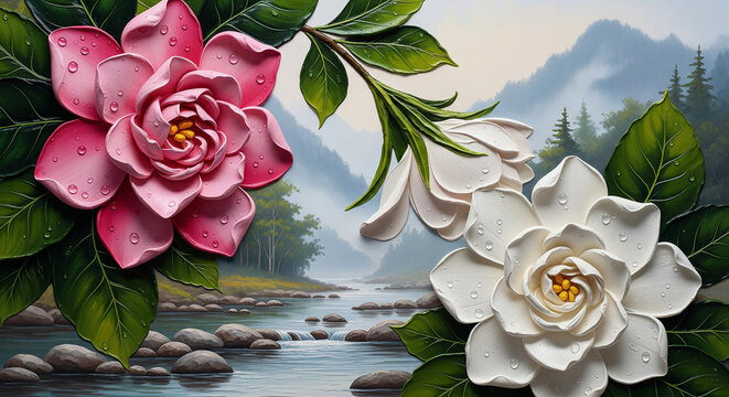 Pink and White Flowers over River Landscape Wall Mural. floral landscapes. floral wallpaper