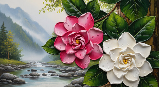 Pink and White Flowers over River Landscape Wall Mural. floral landscapes. floral wallpaper