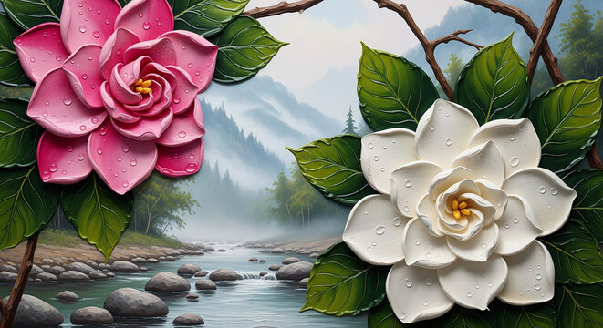 Pink and White Flowers over River Landscape Wall Mural. floral landscapes. floral wallpaper