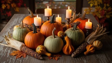 Autumnal Thanksgiving Display with Pumpkins Candles and Harvest Decor