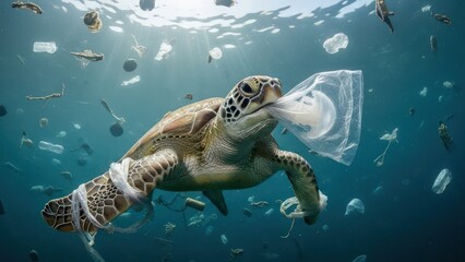Marine Conservation Effort Highlighting Turtle Plastic Pollution and Marine Debris in Ocean