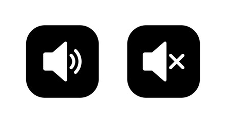 Speaker volume icon in black square. Sound and mute audio symbol. Loud and silent sign