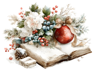 Enchanting holiday vignette watercolor artwork a red Christmas ornament with golden ribbon Christmas storybook style rendered in gentle realistic style soft pastel