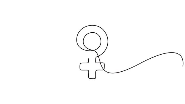 Self animated female gender symbol continuous one line drawing, also known as the Venus symbol. Full length unbroken line art vector illustration