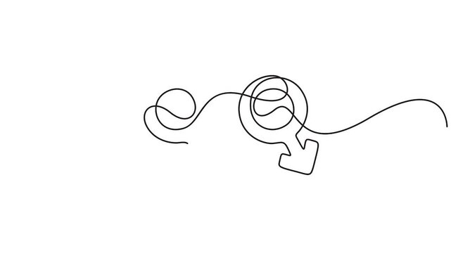 Self animated single continuous line drawing depicting the traditional male and female gender symbols intertwined
