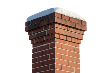 A close-up view of a red brick chimney top covered with a layer of white snow against a plain background.