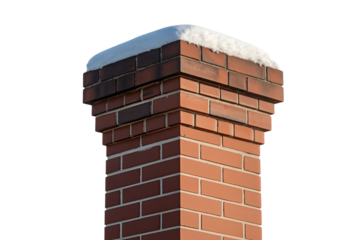 A close-up view of a red brick chimney top covered with a layer of white snow against a plain background.