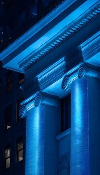 Modern government building glows blue at night showcasing advanced civic design and subtle digital artistry
