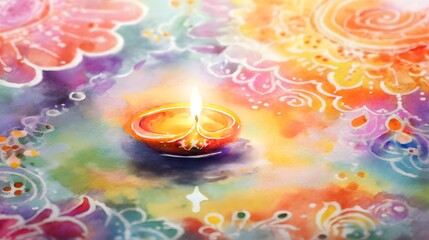 Diya lamp floats on water Diwali celebration vibrant floral rangoli glowing reflections serene festival art