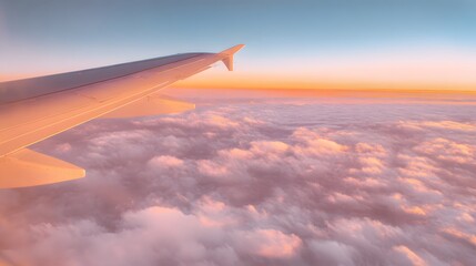 Obraz premium Golden sunrise paints a vast serene sky above fluffy clouds tranquil flight inspires peaceful travel moments