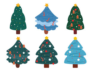 set of cartoon drawing christmas tree for christmas sticker
