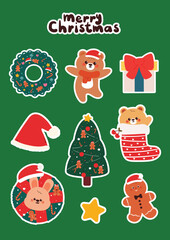 cute hand drawing cartoon bear, bunny and Christmas element for Christmas sticker. cute Christmas sticker sheet